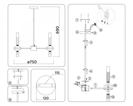  Люстра со стеклянными плафонами на штанге LH55360/14 BS/CL латунь/прозрачный G9/14 max 30W D750*690