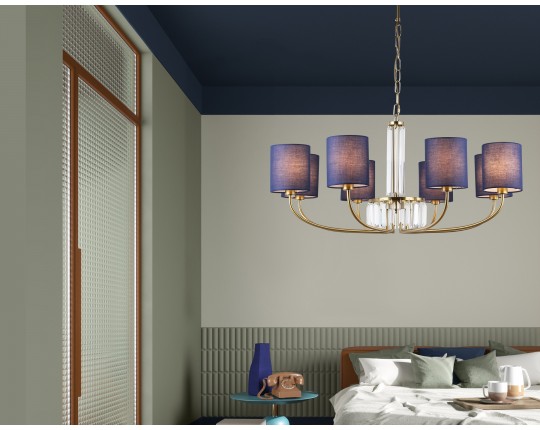  Подвесная люстра с абажурами и хрусталем LH71273/8 BS/DB латунь/темно синий E14/8 max 40W D820*840