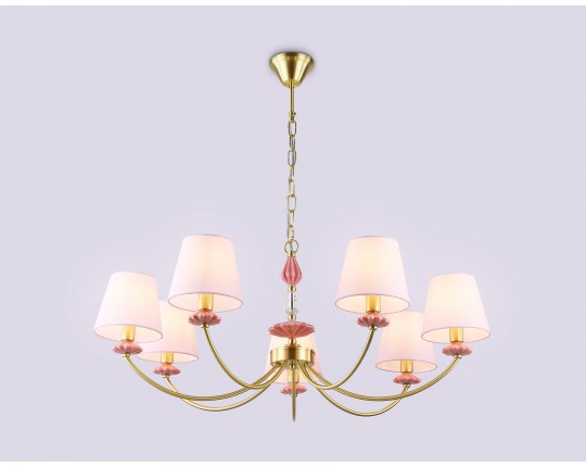  Подвесная люстра с абажуром и декором из керамики LH75025/7 GD/PI золото/розовый E14/7 max 40W D890*800