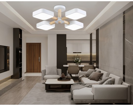  Люстра светодиодная на штанге FL4879/4 WH/WD белый/дерево 72W 3000-6000K D610*160 (без ПДУ)