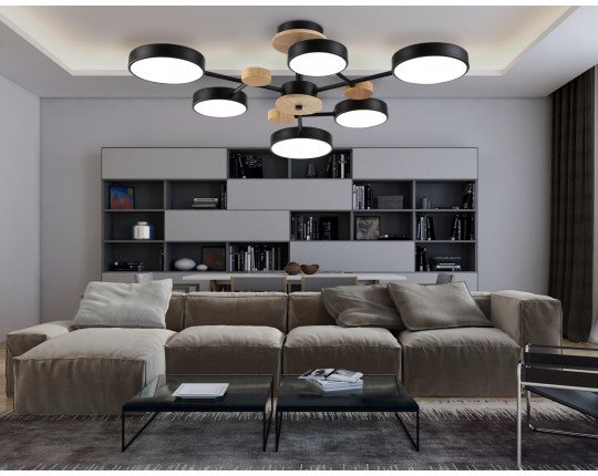  Люстра светодиодная на штанге FL4863/6 BK/WD черный/дерево 90W 3000-6000K D750*180 (без ПДУ)