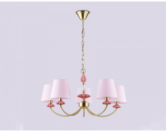  Подвесная люстра с абажуром и декором из керамики LH75024/5 GD/PI золото/розовый E14/5 max 40W D700*780