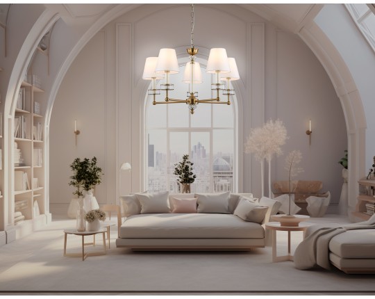  Подвесная люстра с абажурами и хрусталем LH71021/5 BS/WH латунь/белый E14*5 max 40W D670*1130