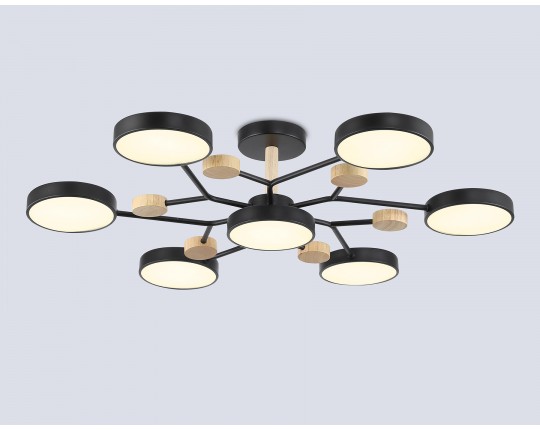  Люстра светодиодная на штанге FL4866/7 BK/WD черный/дерево 126W 3000-6000K D830*190 (без ПДУ)