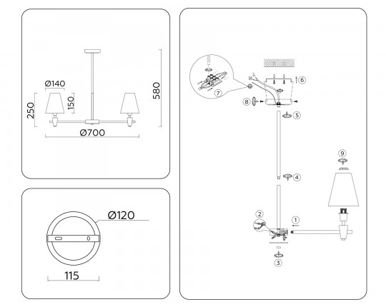  Люстра на штанге с абажурами и мрамором LH75051/5 BS/GN латунь/зеленый E14*5 max 40W D700*580