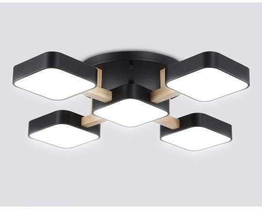  Люстра светодиодная на штанге FL4883/5 BK/WD черный/дерево 90W 3000-6000K 675*675*110 (без ПДУ)