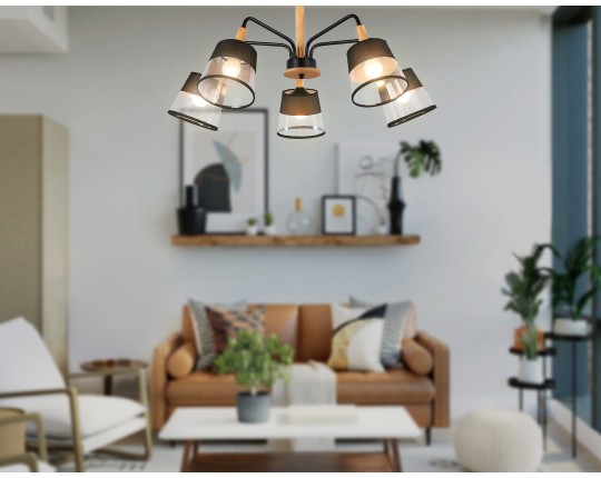  Подвесной светильник со сменной лампой TR4741/5 BK/LW черный/светлое дерево E27/5 max 40W D760*350