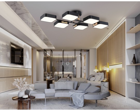  Люстра светодиодная на штанге FL4887/6 BK/WD черный/дерево 108W 3000-6000K 850*430*140 (без ПДУ)