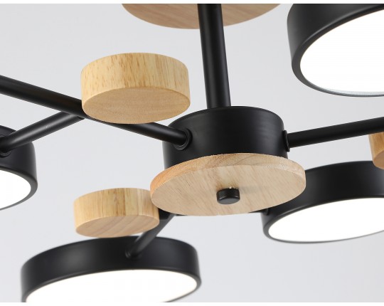  Люстра светодиодная на штанге FL4863/6 BK/WD черный/дерево 90W 3000-6000K D750*180 (без ПДУ)