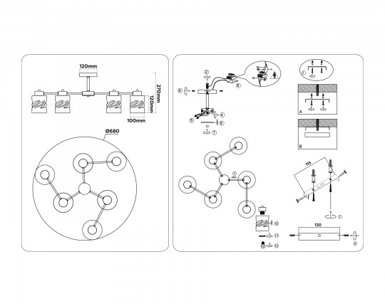  Люстра на штанге со стеклянными плафонами TR303325/6 BK/GD черный/золото E27/6 max 60W D680*270