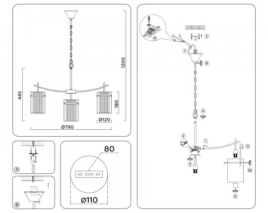  Подвесная люстра LH56033/7+1 BS/CL латунь/прозрачный E14*8 max 40W D790*1200