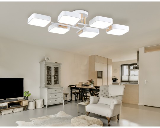  Люстра светодиодная на штанге FL4886/6 WH/WD белый/дерево 108W 3000-6000K 850*430*140 (без ПДУ)