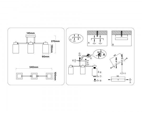  Люстра на штанге со стеклянными плафонами TR303046/3 BK/GD черный/золото E27/3 max 60W 540*100*270