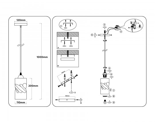  Светильник подвесной со стеклянным плафоном TR3413 BK черный E27 max 60W D110*1000