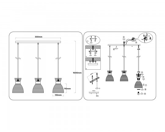  Светильник подвесной со стеклянными плафонами TR3404/3 BK/FGD/TI черный/золото/янтарь E27/3 max 60W 550*135*1000