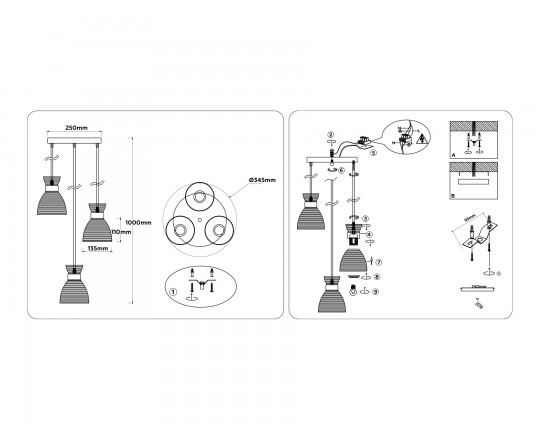  Светильник подвесной со стеклянными плафонами TR3408/3 BK/FGD/SM черный/золото/дымчатый E27/3 max 60W D345*1000