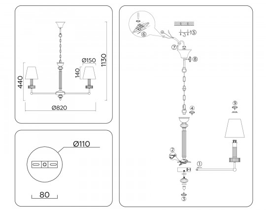  Подвесная люстра с абажурами и хрусталем LH71003/7 BN/WH никель/белый E14*7 max 40W D820*1130