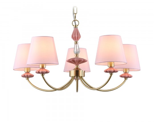  Подвесная люстра с абажуром и декором из керамики LH75024/5 GD/PI золото/розовый E14/5 max 40W D700*780