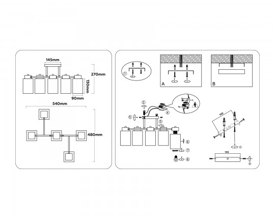  Люстра на штанге со стеклянными плафонами TR303048/5 BK/GD черный/золото E27/5 max 60W 540*480*270