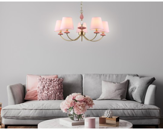  Подвесная люстра с абажуром и декором из керамики LH75024/5 GD/PI золото/розовый E14/5 max 40W D700*780