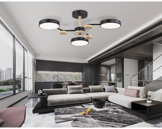  Люстра светодиодная на штанге FL4857/3 BK/WD черный/дерево 54W 3000-6000K D660*170 (без ПДУ)