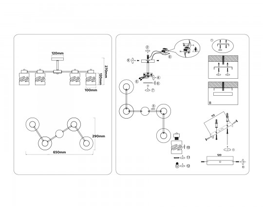  Люстра на штанге со стеклянными плафонами TR303324/4 BK/GD черный/золото E27/4 max 60W 650*290*270