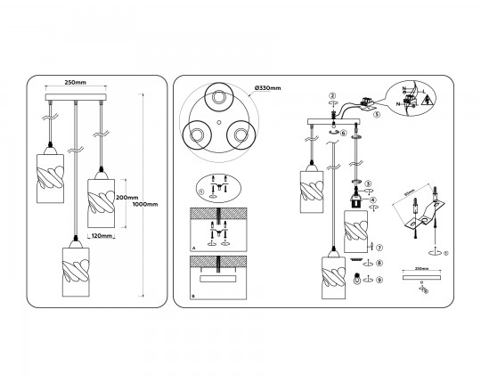  Светильник подвесной со стеклянными плафонами TR3412/3 BK черный E27/3 max 60W D330*1000