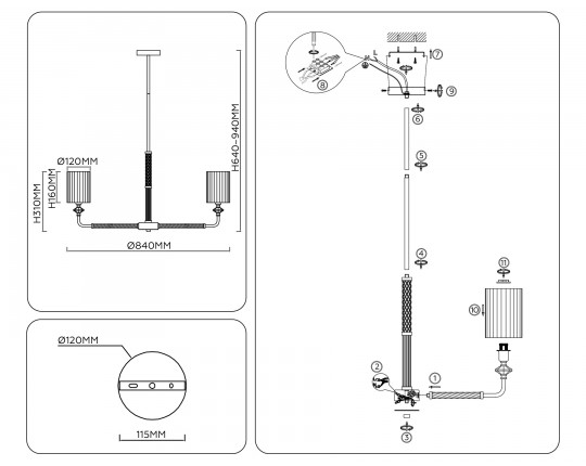  Люстра на штанге с абажурами LH71503/7 BS/FR латунь/белый матовый E14*7 max 40W D840*640