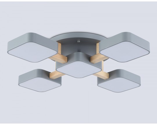  Люстра светодиодная на штанге FL4882/5 GR/WD серый/дерево 90W 3000-6000K 675*675*110 (без ПДУ)