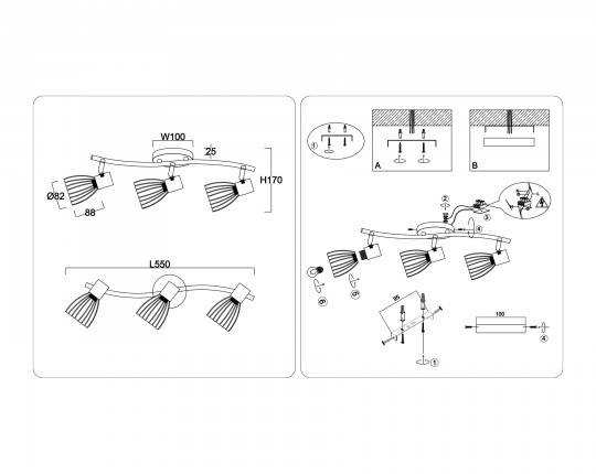  Настенно-потолочный спот в стиле лофт TR8661/3 BK/GD черный/золото E14/3 max 60W 550*100*170