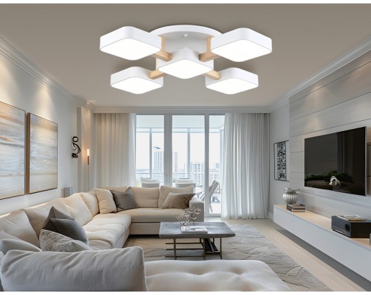  Люстра светодиодная на штанге FL4881/5 WH/WD белый/дерево 90W 3000-6000K 675*675*110 (без ПДУ)