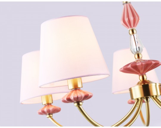  Подвесная люстра с абажуром и декором из керамики LH75024/5 GD/PI золото/розовый E14/5 max 40W D700*780