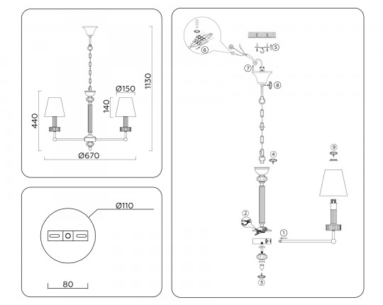  Подвесная люстра с абажурами и хрусталем LH71021/5 BS/WH латунь/белый E14*5 max 40W D670*1130