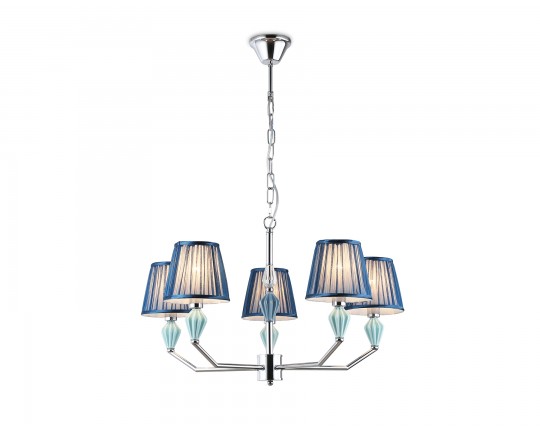  Подвесная люстра с абажуром и декором из керамики LH75061/5 CH/DB хром/темно синий E14/5 max 40W D690*810