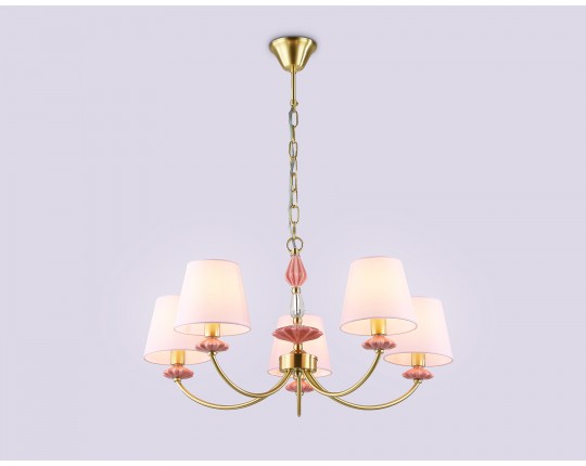  Подвесная люстра с абажуром и декором из керамики LH75024/5 GD/PI золото/розовый E14/5 max 40W D700*780