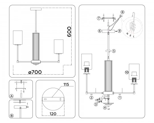  Люстра со стеклянными плафонами на штанге LH56217/8 BS/FR латунь/белый матовый E27/8 max 60W D700*600