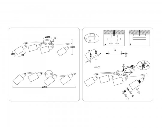  Настенно-потолочный спот в стиле лофт TR8723/4 BK/WD черный/дерево E14/4 max 60W 760*100*210