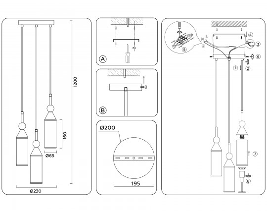  Подвесной светильник LH55272/3 BS/FR латунь/белый матовый E14 max 40W D230*1200
