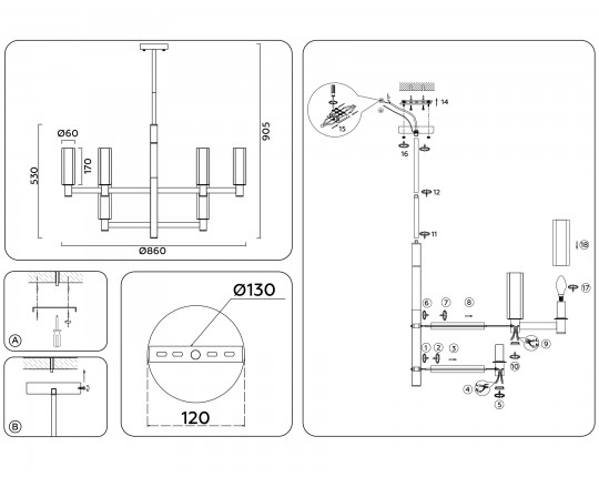 Люстра на штанге LH55505/12 SN/BK/CL сатин никель/черный/прозрачный E14*12 max 40W D860*905