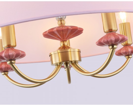  Подвесная люстра с абажуром и декором из керамики LH75021/5 GD/PI золото/розовый E14/5 max 40W D550*730