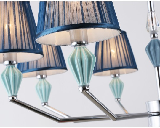  Подвесная люстра с абажуром и декором из керамики LH75063/8 CH/DB хром/темно синий E14/8 max 40W D870*810
