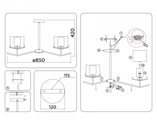  Люстра со стеклянными плафонами на штанге LH57002/6 SN/FR никель/белый матовый E14/6 max 40W D850*420