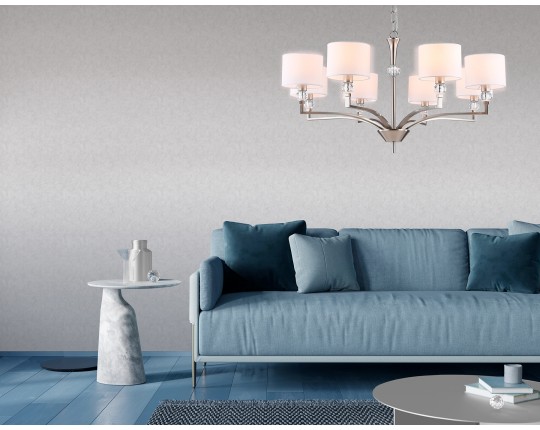  Подвесная люстра с абажурами и хрусталем LH71123/8 SN/WH никель/белый E14/8 max 40W D840*880