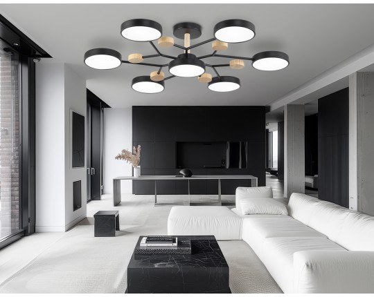  Люстра светодиодная на штанге FL4866/7 BK/WD черный/дерево 126W 3000-6000K D830*190 (без ПДУ)