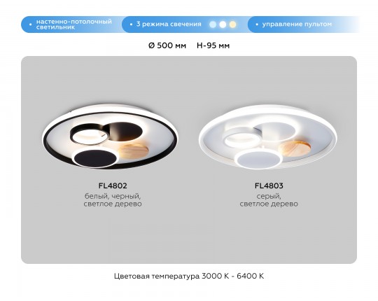  Настенно-потолочный светодиодный светильник с пультом FL4802 WH/BK белый/черный 3000K-6400K 70W D500*95 (ПДУ ИК)