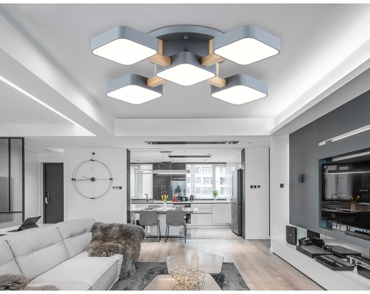  Люстра светодиодная на штанге FL4882/5 GR/WD серый/дерево 90W 3000-6000K 675*675*110 (без ПДУ)