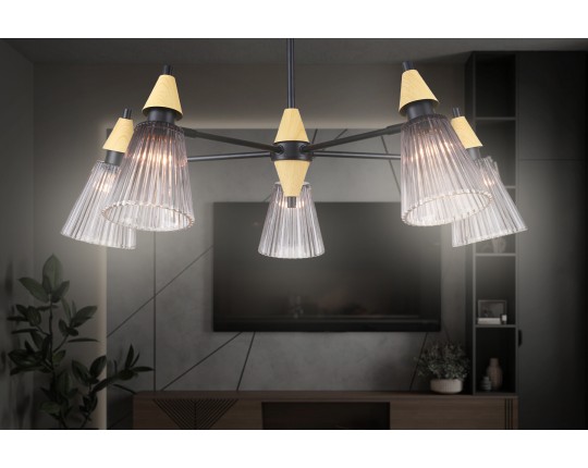  Люстра на штанге LH58114/5 BK/LW/SM черный/светлое дерево/дымчатый E14*5 max 40W D660*390