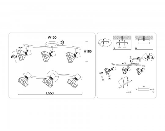  Настенно-потолочный спот в стиле лофт TR8657/3 BK/GD черный/золото E14/3 max 60W 550*100*185