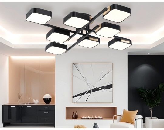  Люстра светодиодная на штанге FL4890/8 BK/WD черный/дерево 144W 3000-6000K 960*960*160 (без ПДУ)