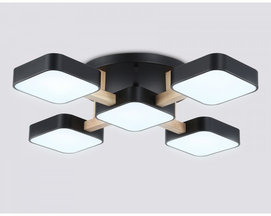  Люстра светодиодная на штанге FL4883/5 BK/WD черный/дерево 90W 3000-6000K 675*675*110 (без ПДУ)